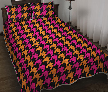 Orange Pink And Black Houndstooth Print Quilt Bed Set