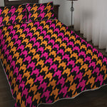 Orange Pink And Black Houndstooth Print Quilt Bed Set