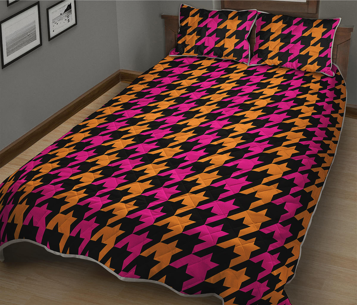 Orange Pink And Black Houndstooth Print Quilt Bed Set