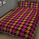 Orange Pink And Black Houndstooth Print Quilt Bed Set