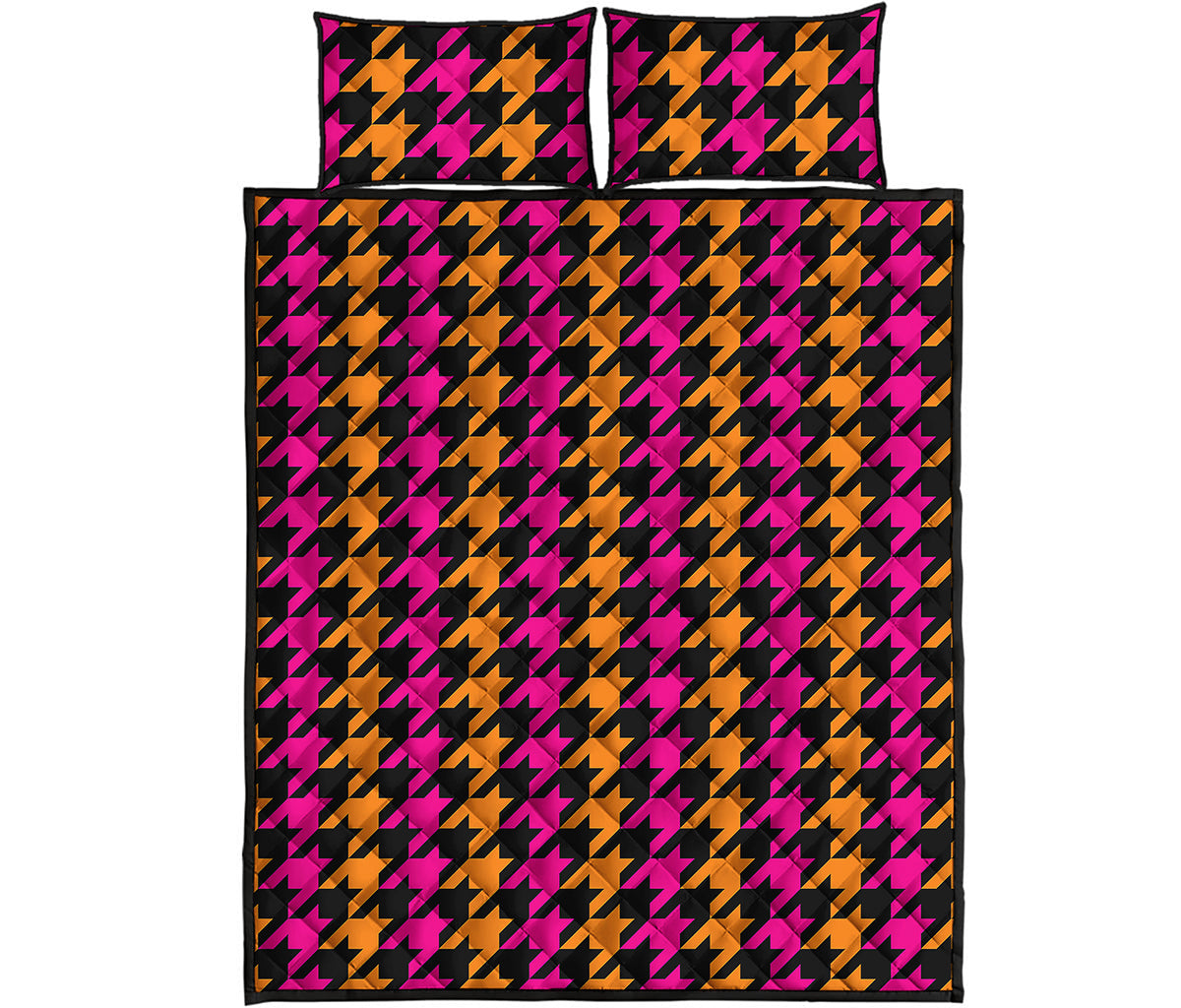 Orange Pink And Black Houndstooth Print Quilt Bed Set