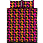 Orange Pink And Black Houndstooth Print Quilt Bed Set