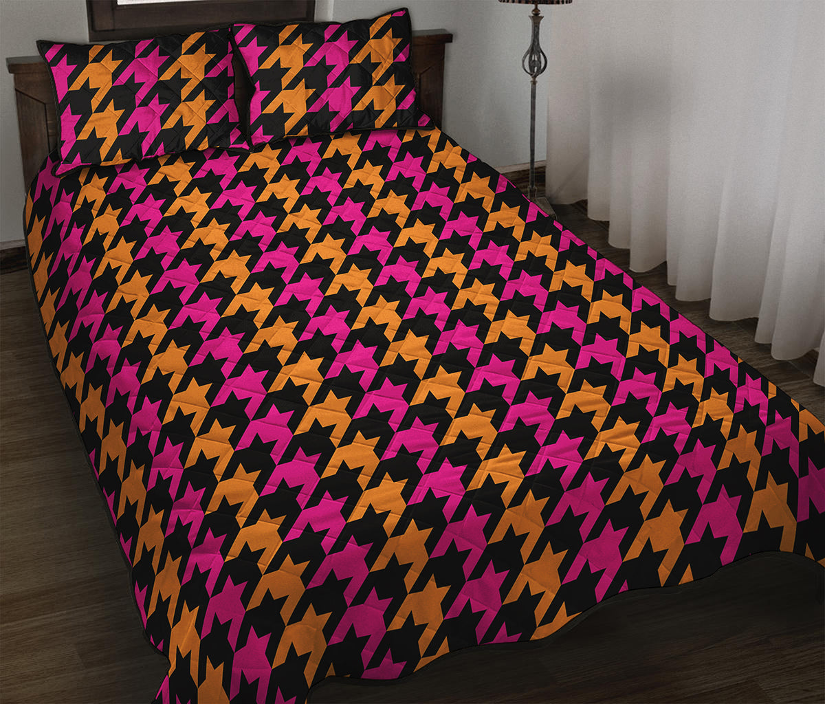 Orange Pink And Black Houndstooth Print Quilt Bed Set