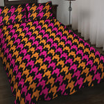 Orange Pink And Black Houndstooth Print Quilt Bed Set