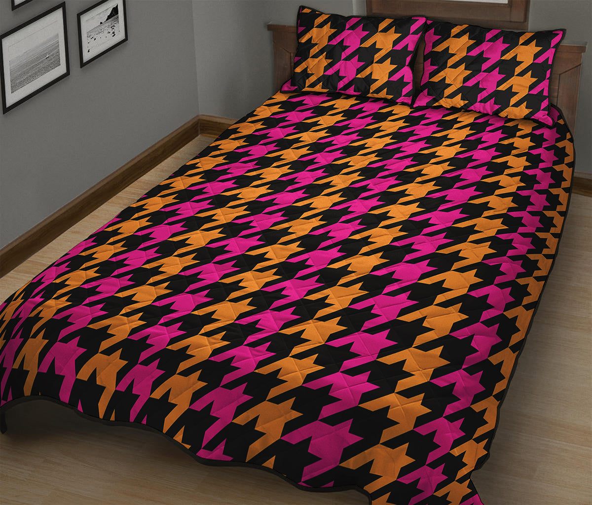 Orange Pink And Black Houndstooth Print Quilt Bed Set