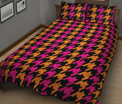 Orange Pink And Black Houndstooth Print Quilt Bed Set