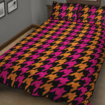 Orange Pink And Black Houndstooth Print Quilt Bed Set
