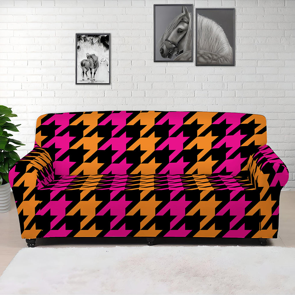 Orange Pink And Black Houndstooth Print Sofa Cover