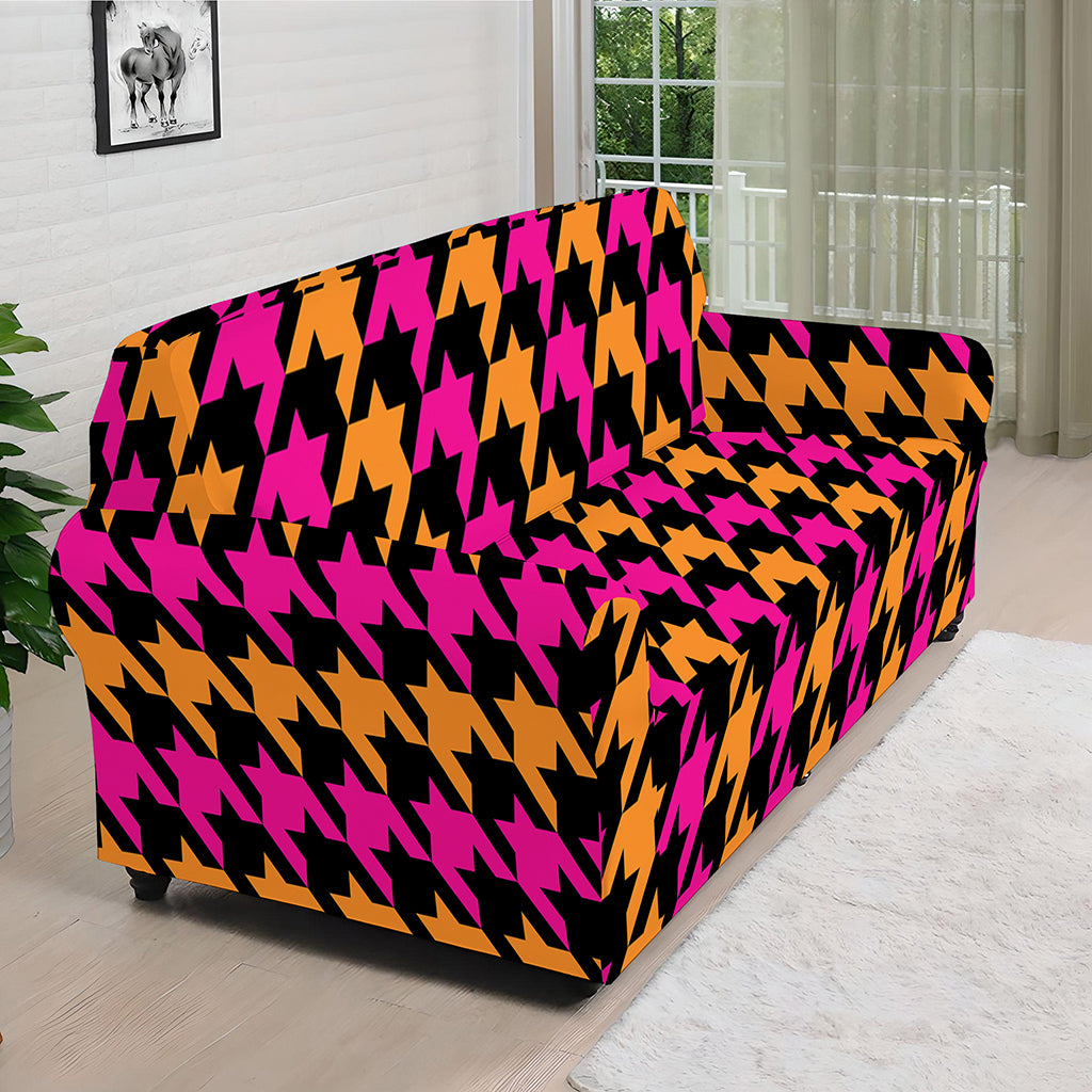 Orange Pink And Black Houndstooth Print Sofa Cover
