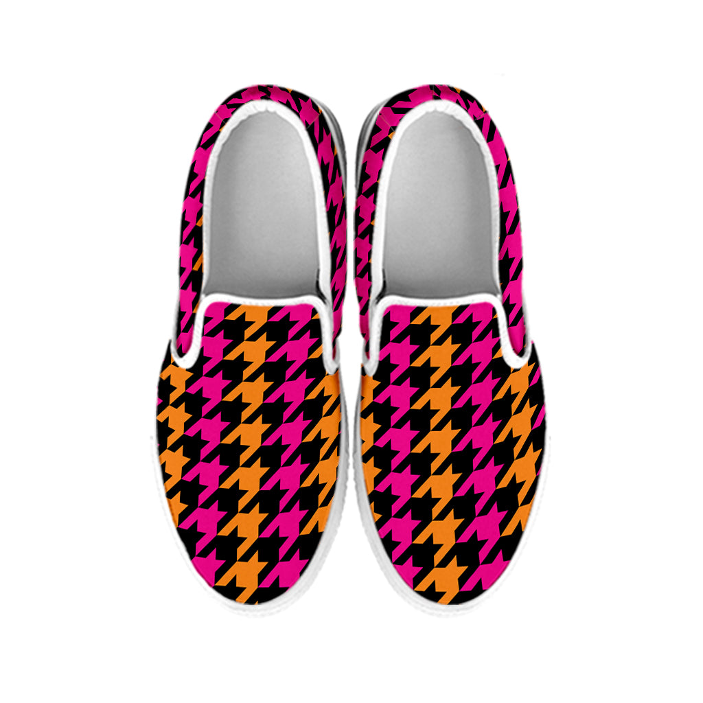 Orange Pink And Black Houndstooth Print White Slip On Shoes