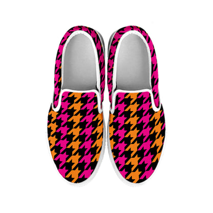 Orange Pink And Black Houndstooth Print White Slip On Shoes