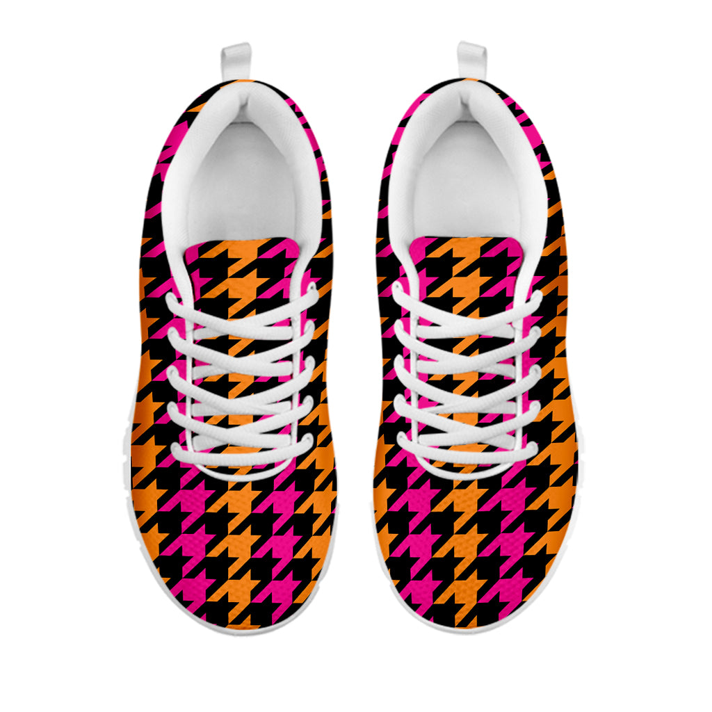 Orange Pink And Black Houndstooth Print White Sneakers
