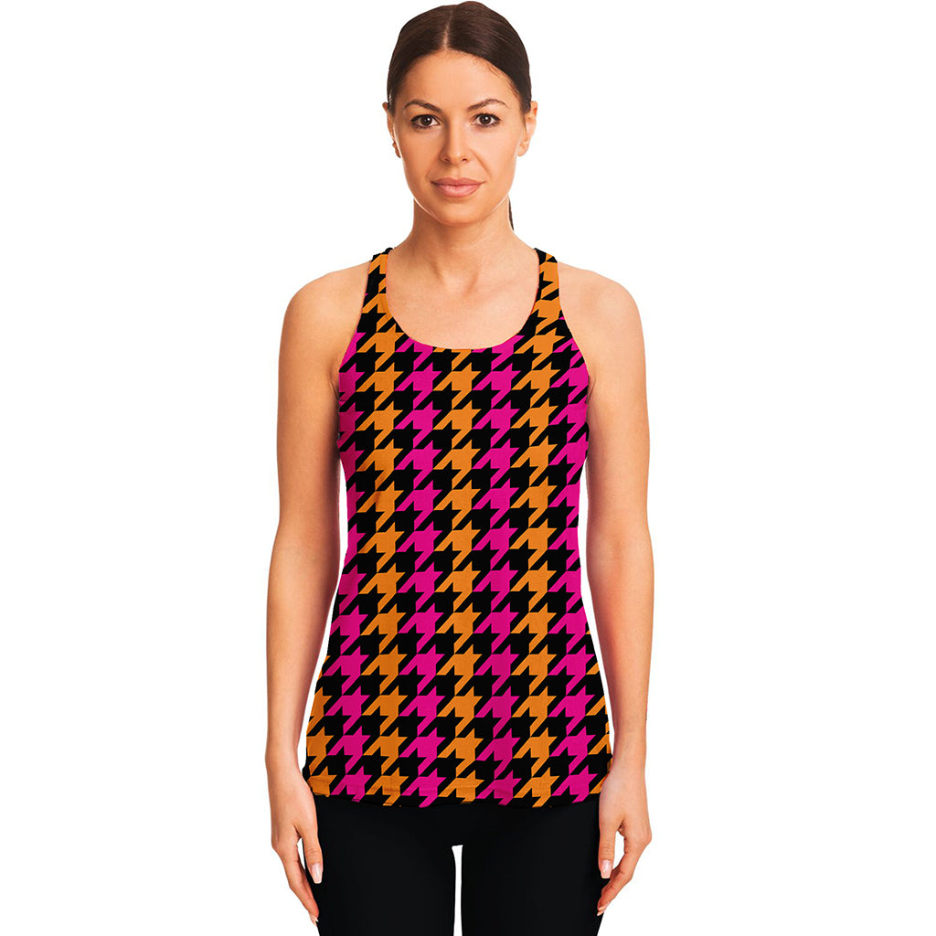 Orange Pink And Black Houndstooth Print Women's Racerback Tank Top