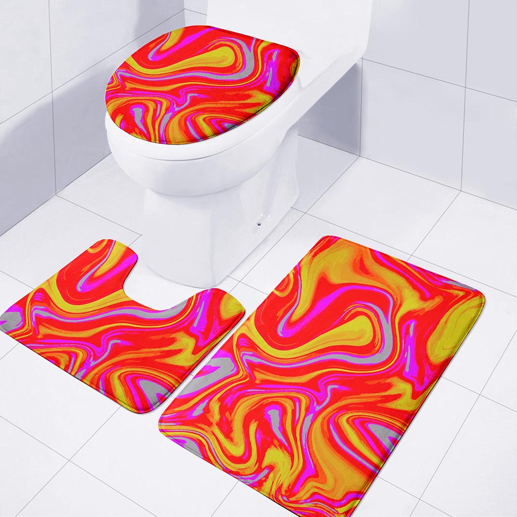 Orange Psychedelic Liquid Trippy Print 3 Piece Bath Mat Set