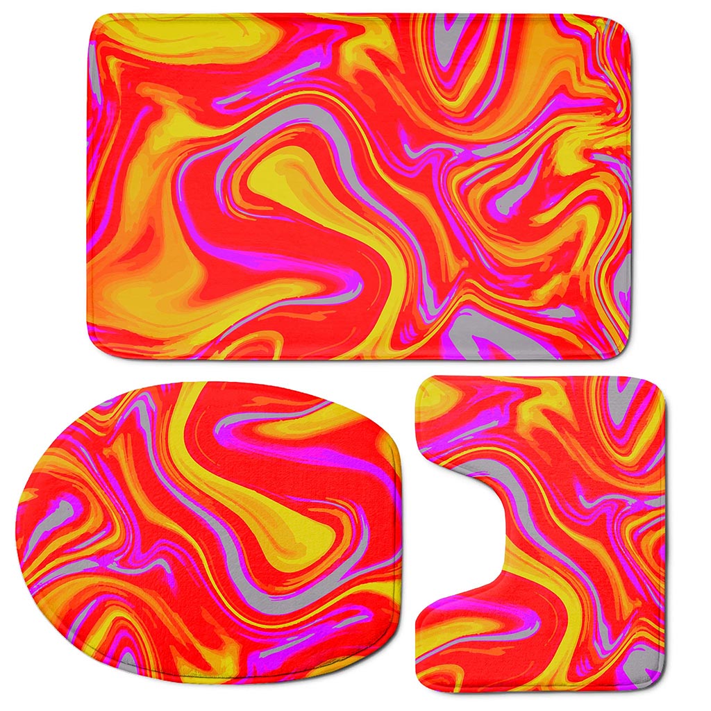 Orange Psychedelic Liquid Trippy Print 3 Piece Bath Mat Set