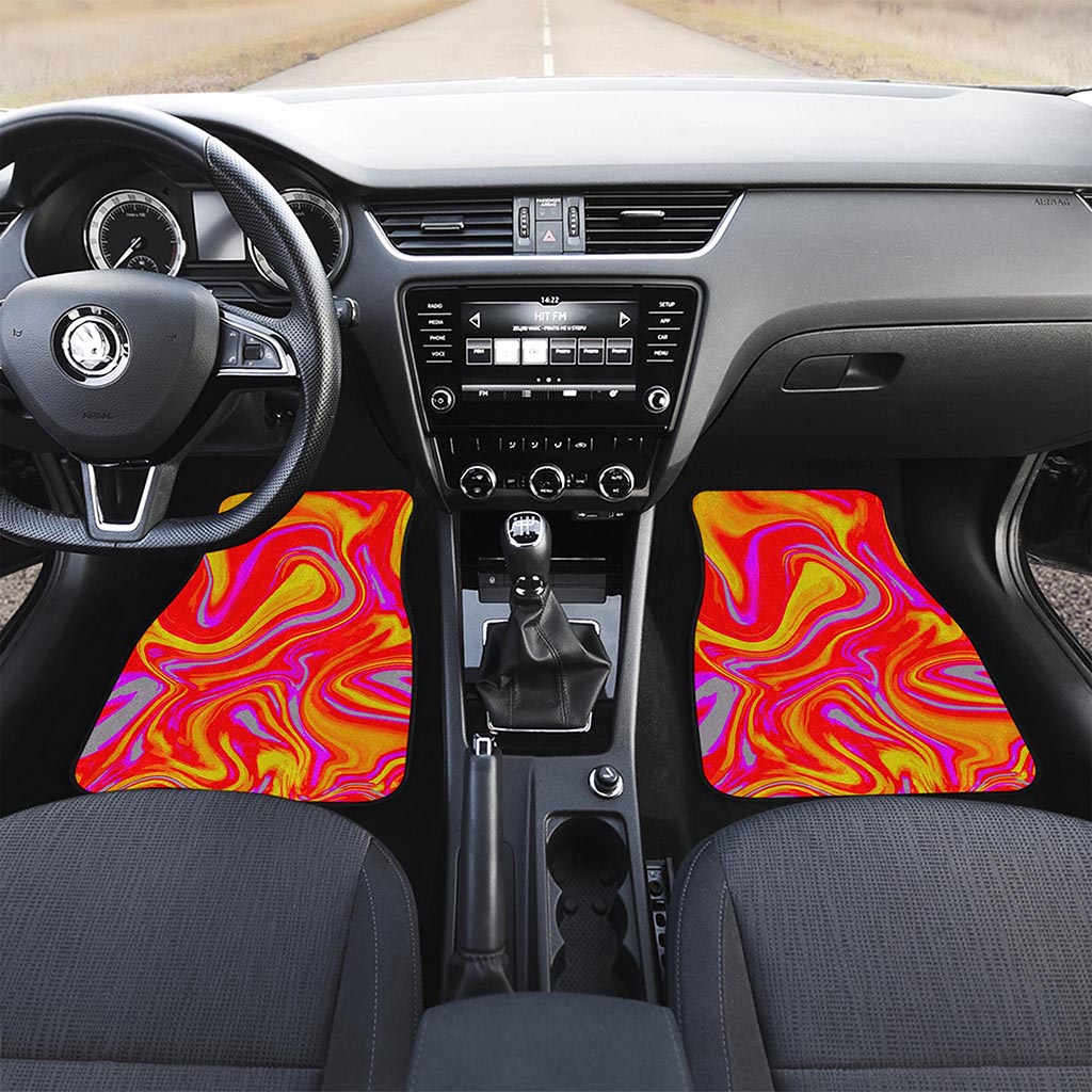 Orange Psychedelic Liquid Trippy Print Front and Back Car Floor Mats