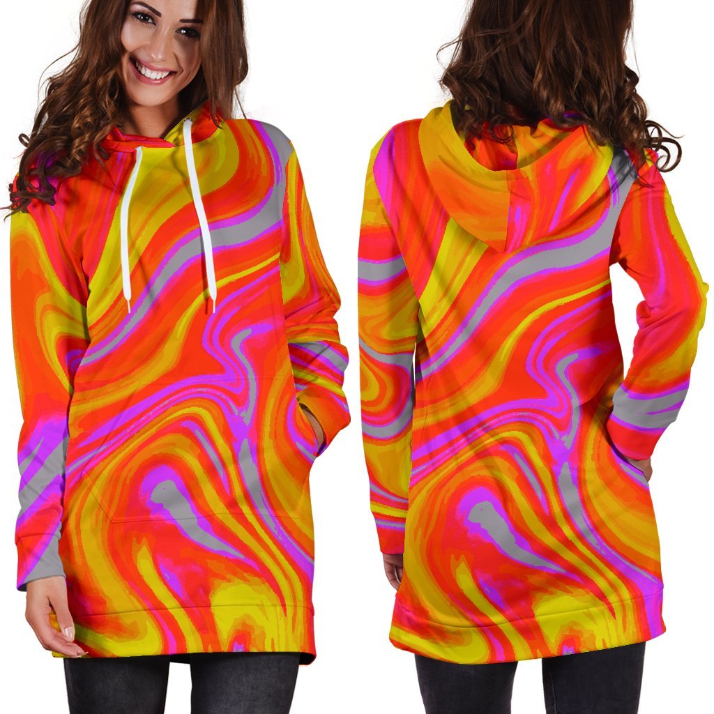 Orange Psychedelic Liquid Trippy Print Hoodie Dress GearFrost