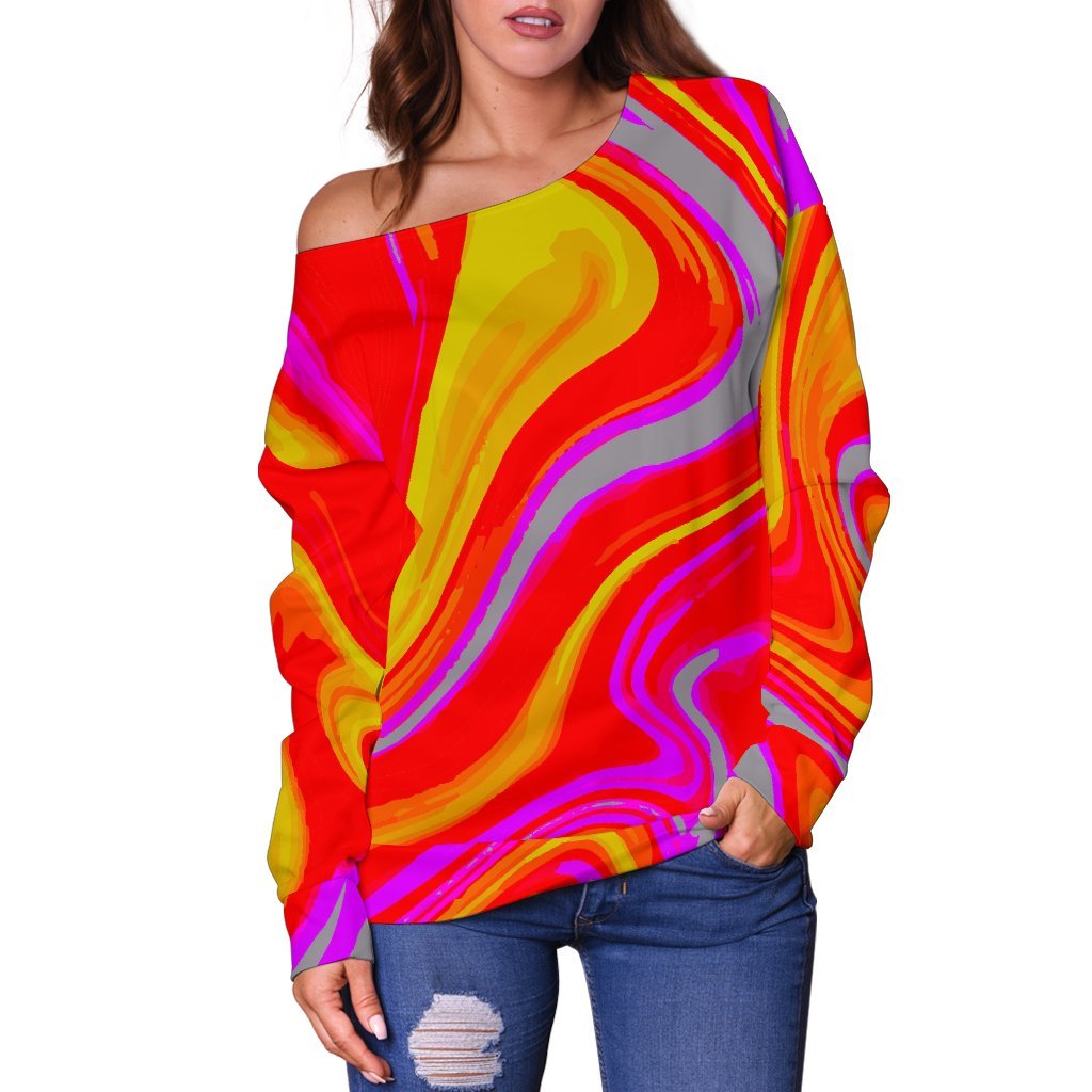 Orange Psychedelic Liquid Trippy Print Off Shoulder Sweatshirt GearFrost