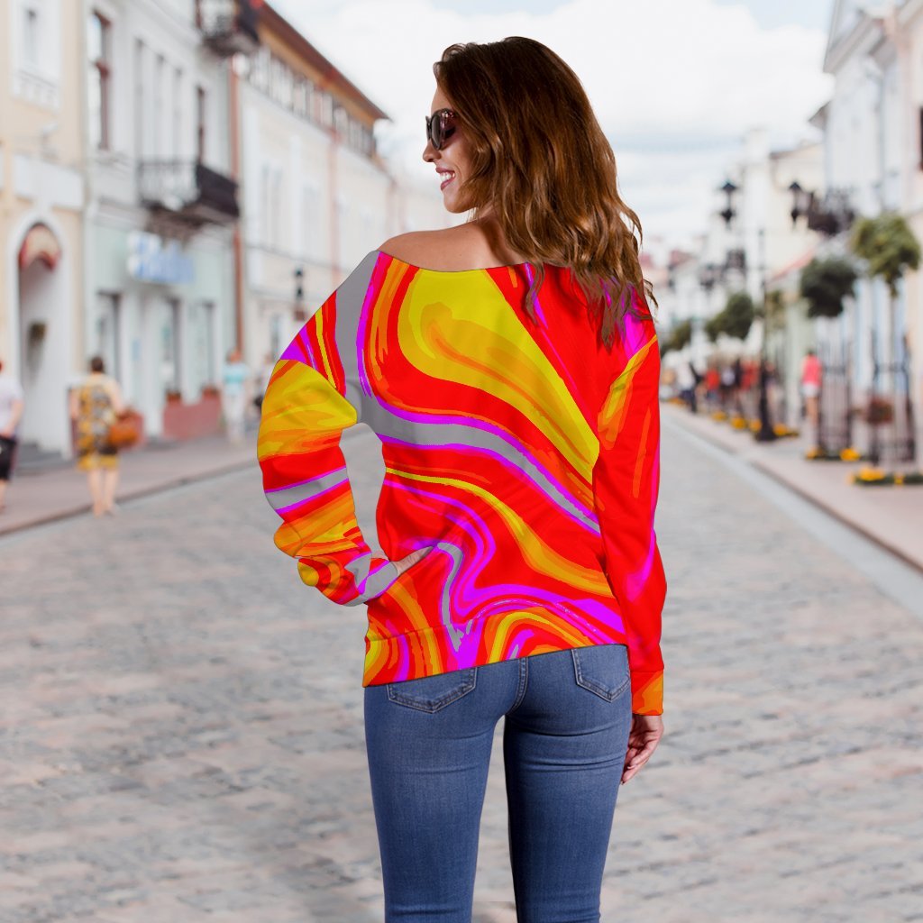 Orange Psychedelic Liquid Trippy Print Off Shoulder Sweatshirt GearFrost