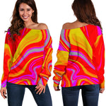 Orange Psychedelic Liquid Trippy Print Off Shoulder Sweatshirt GearFrost