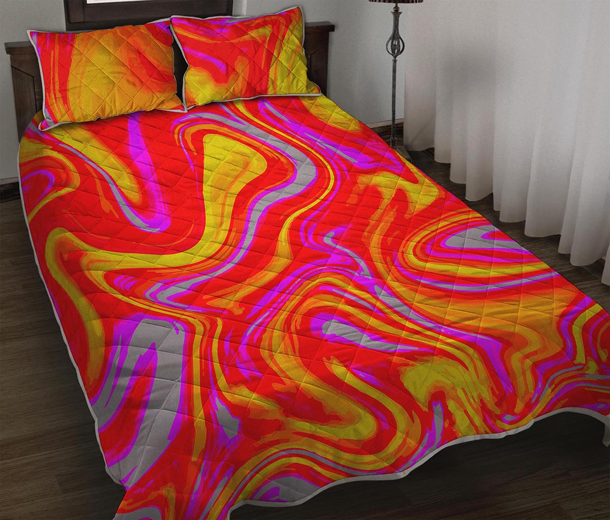 Orange Psychedelic Liquid Trippy Print Quilt Bed Set
