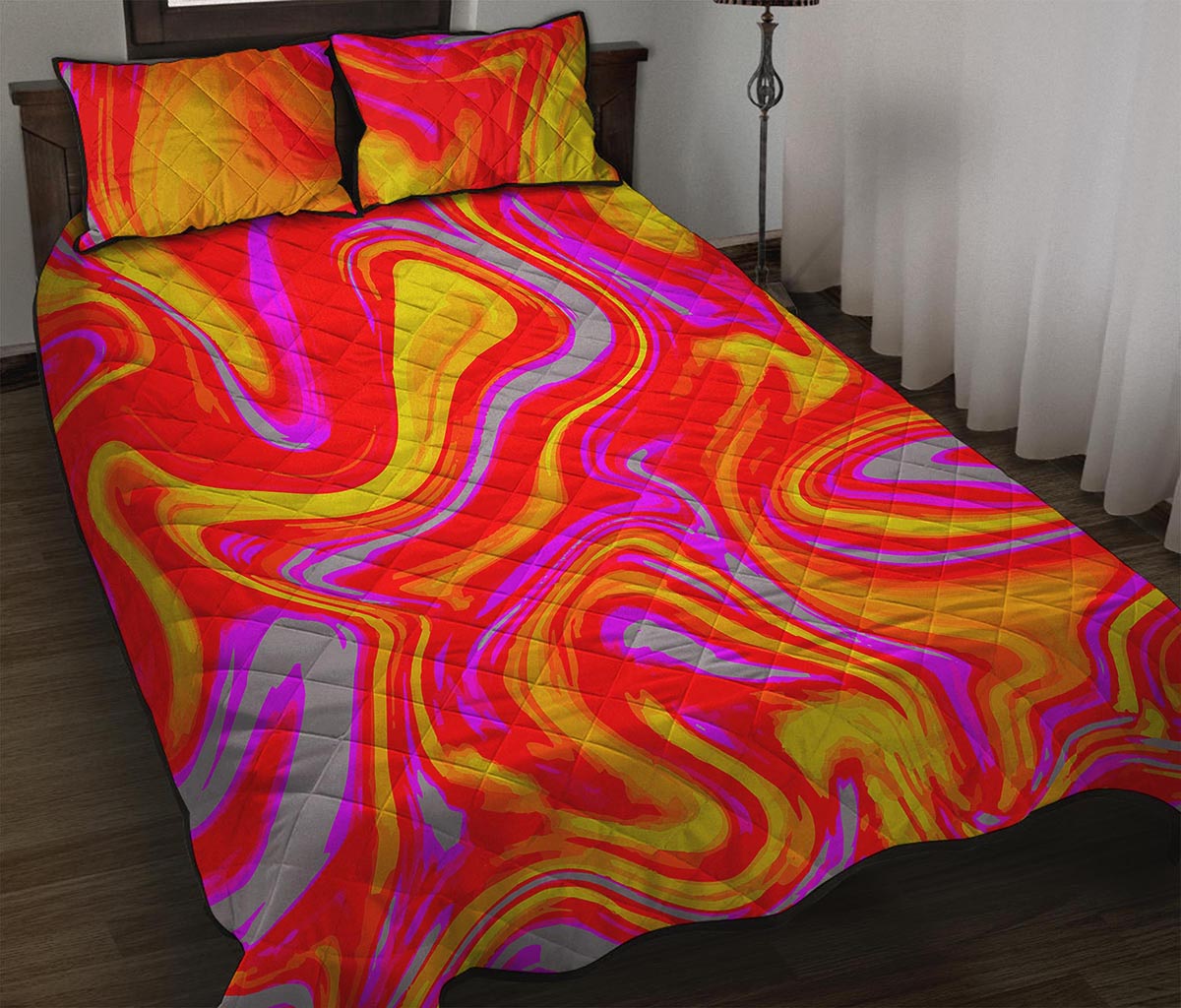 Orange Psychedelic Liquid Trippy Print Quilt Bed Set
