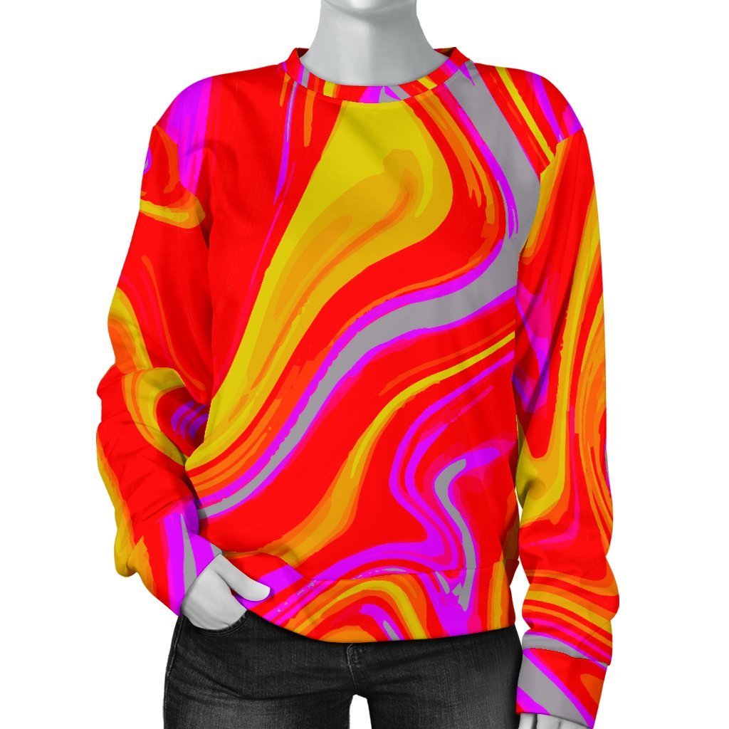 Orange Psychedelic Liquid Trippy Print Women's Crewneck Sweatshirt GearFrost