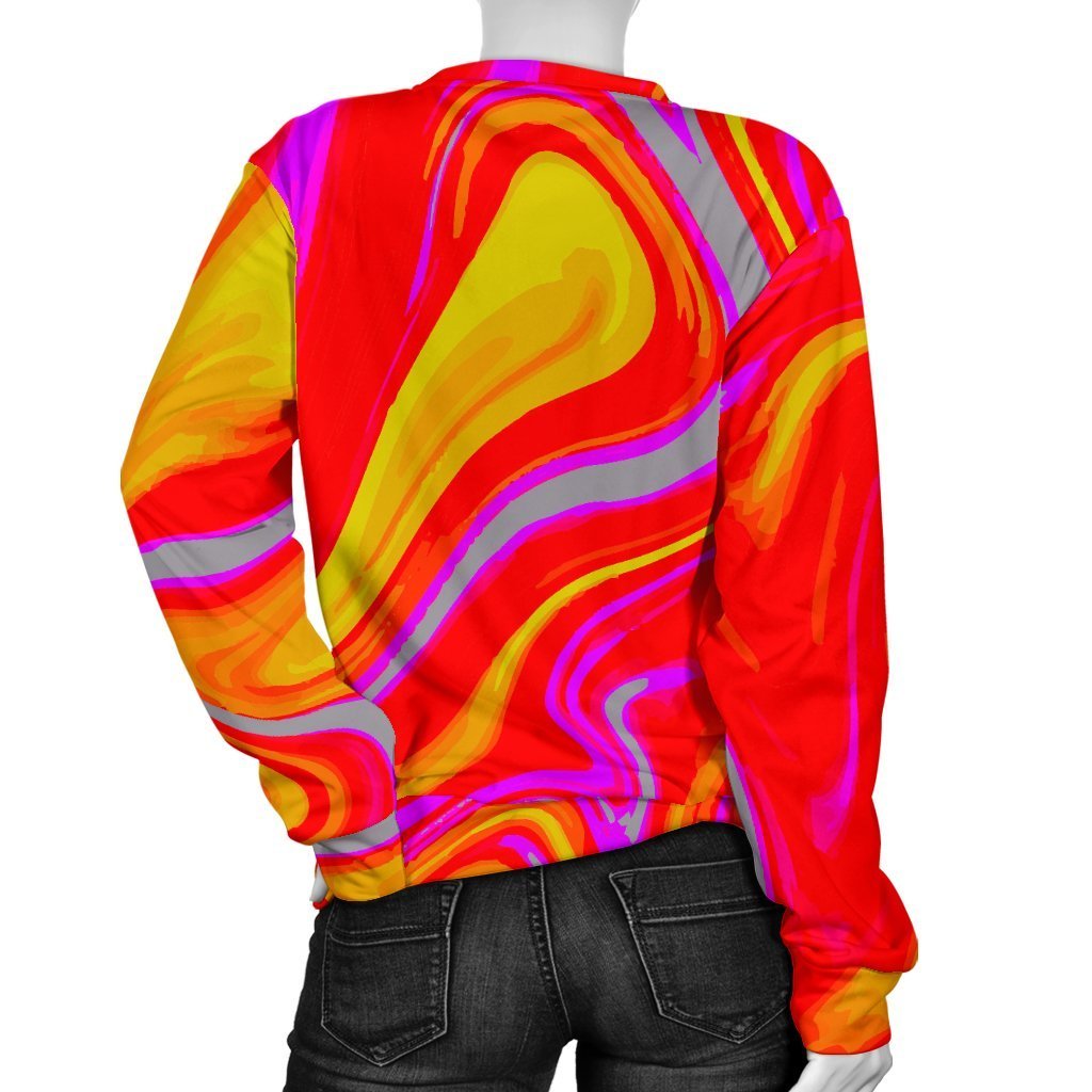 Orange Psychedelic Liquid Trippy Print Women's Crewneck Sweatshirt GearFrost