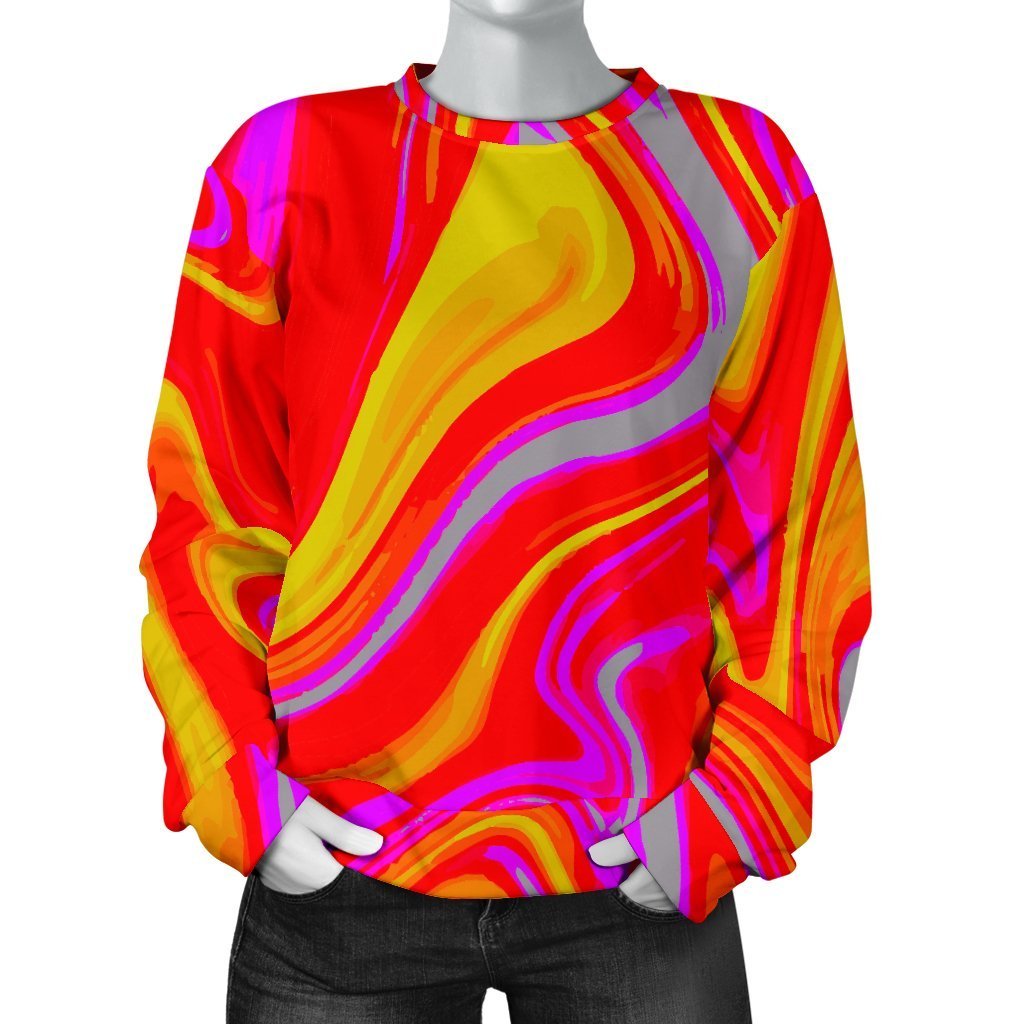 Orange Psychedelic Liquid Trippy Print Women's Crewneck Sweatshirt GearFrost