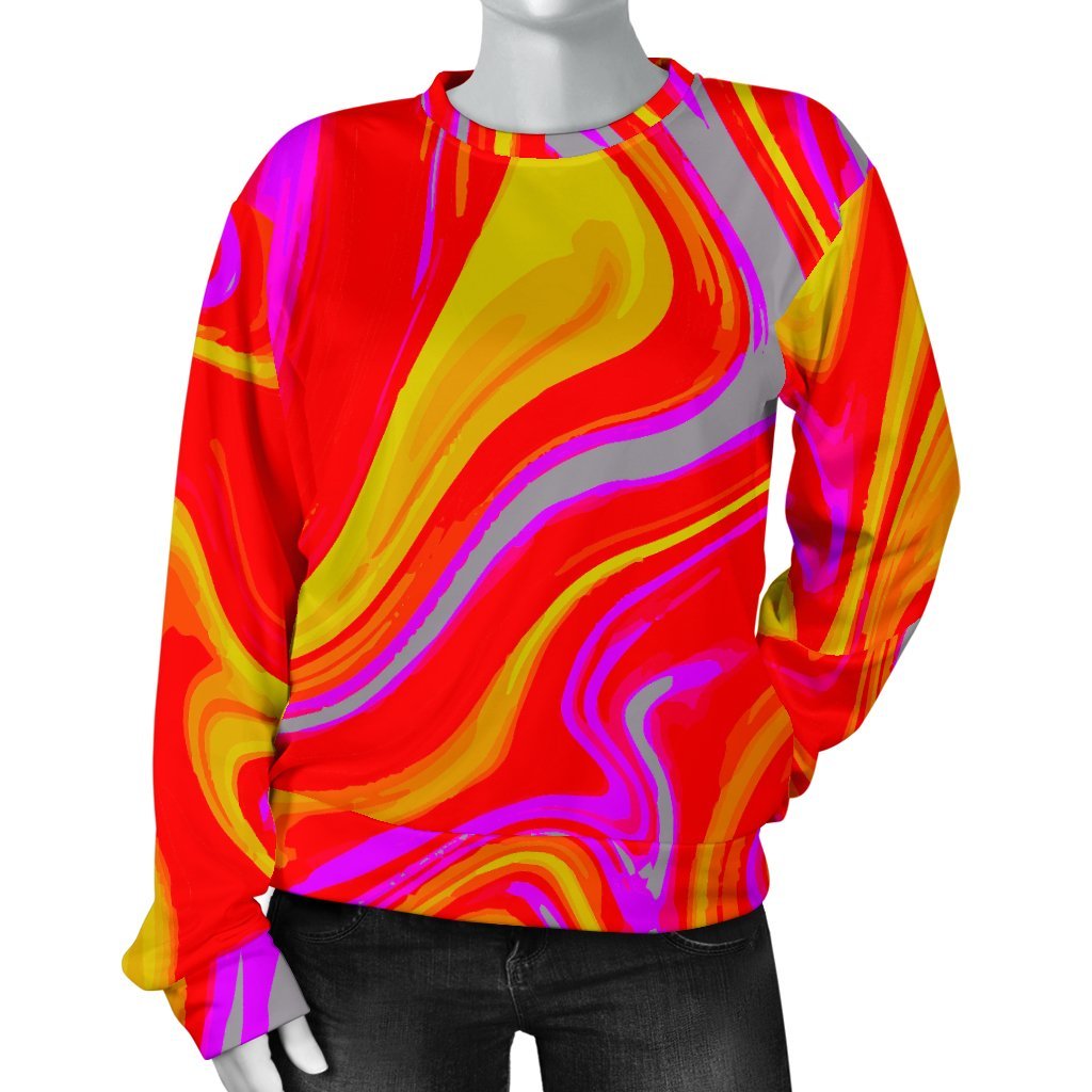 Orange Psychedelic Liquid Trippy Print Women's Crewneck Sweatshirt GearFrost