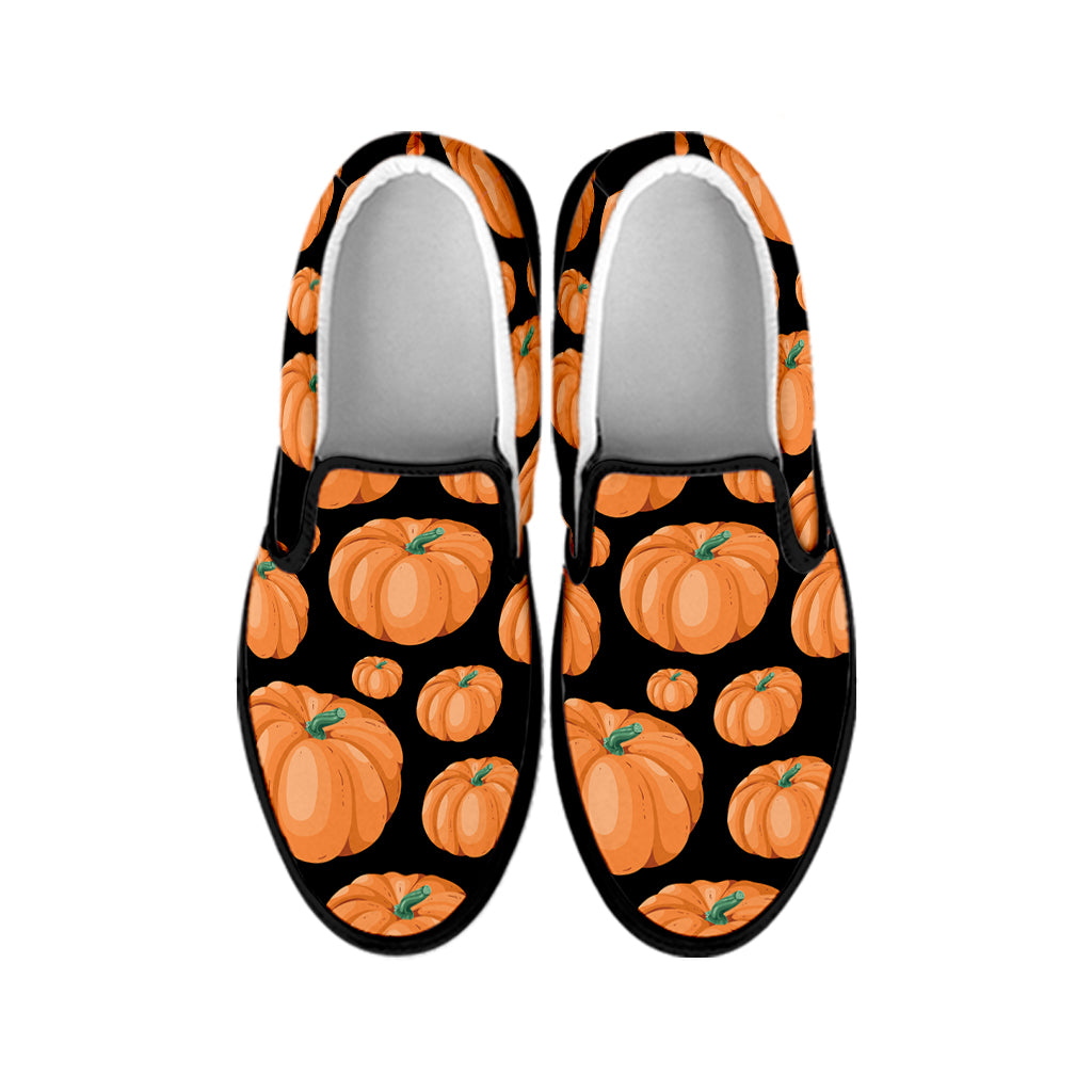 Orange Pumpkin Pattern Print Black Slip On Shoes