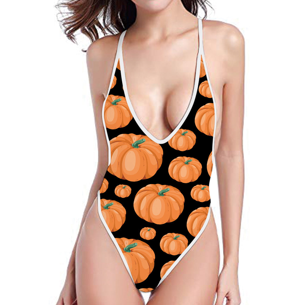 Orange Pumpkin Pattern Print One Piece High Cut Swimsuit