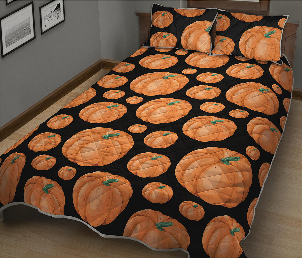 Orange Pumpkin Pattern Print Quilt Bed Set