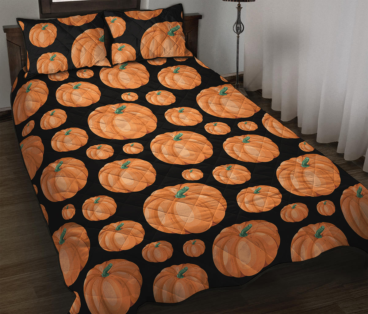 Orange Pumpkin Pattern Print Quilt Bed Set
