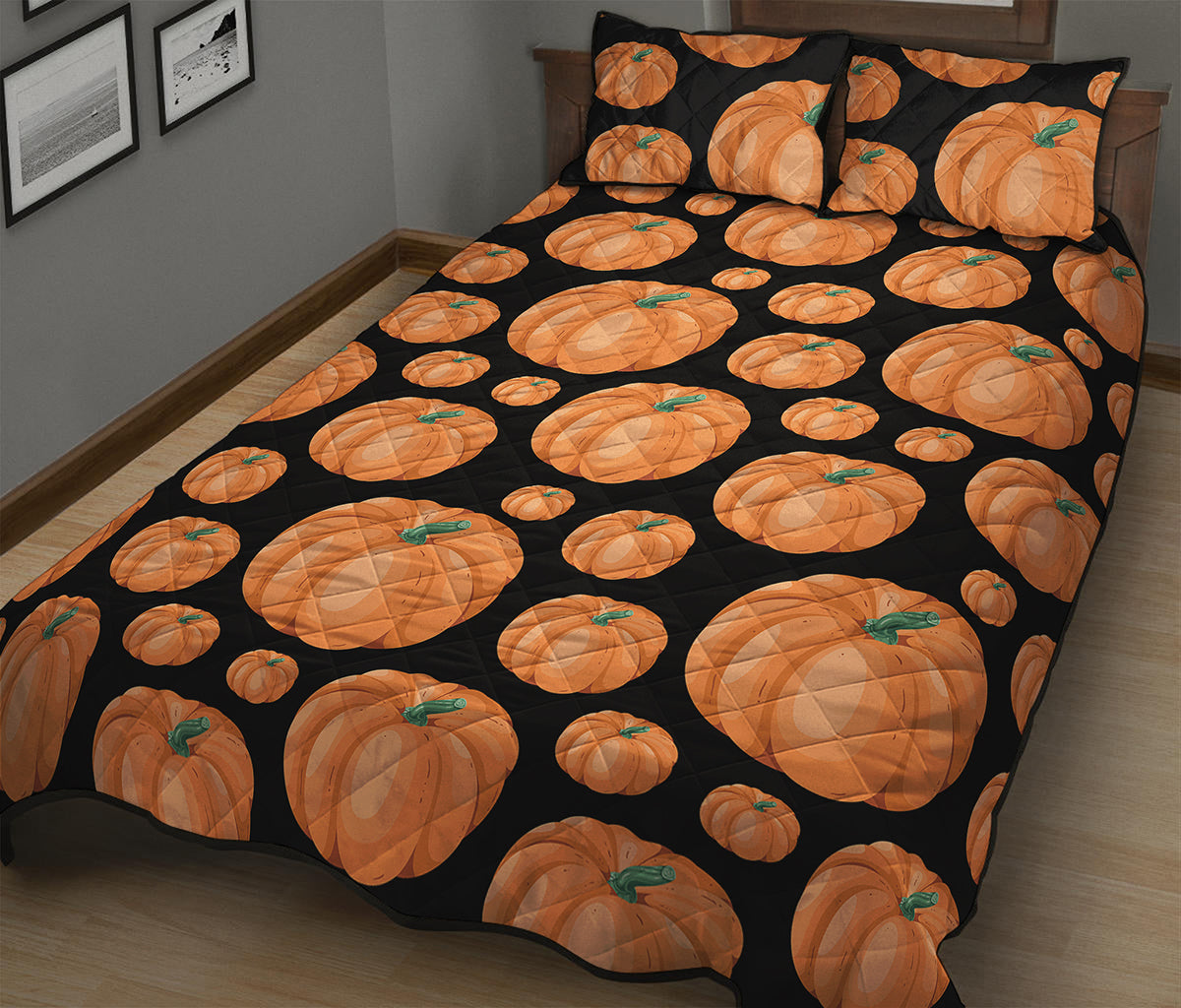 Orange Pumpkin Pattern Print Quilt Bed Set