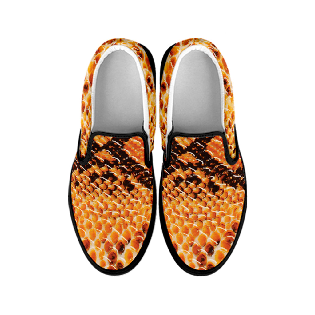 Orange Snakeskin Print Black Slip On Shoes