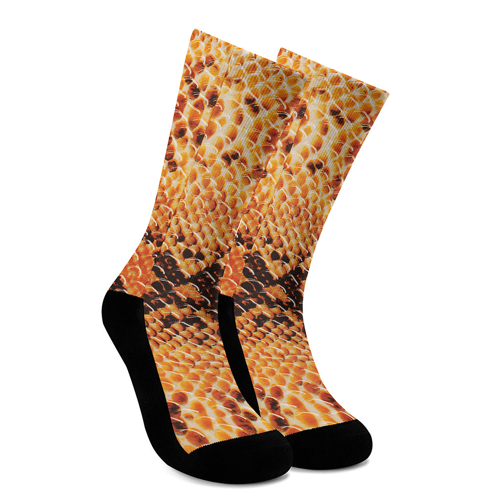 Orange Snakeskin Print Crew Socks