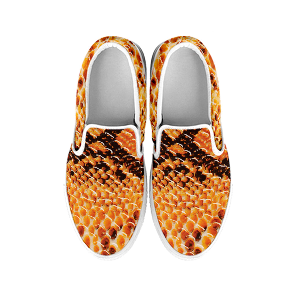 Orange Snakeskin Print White Slip On Shoes