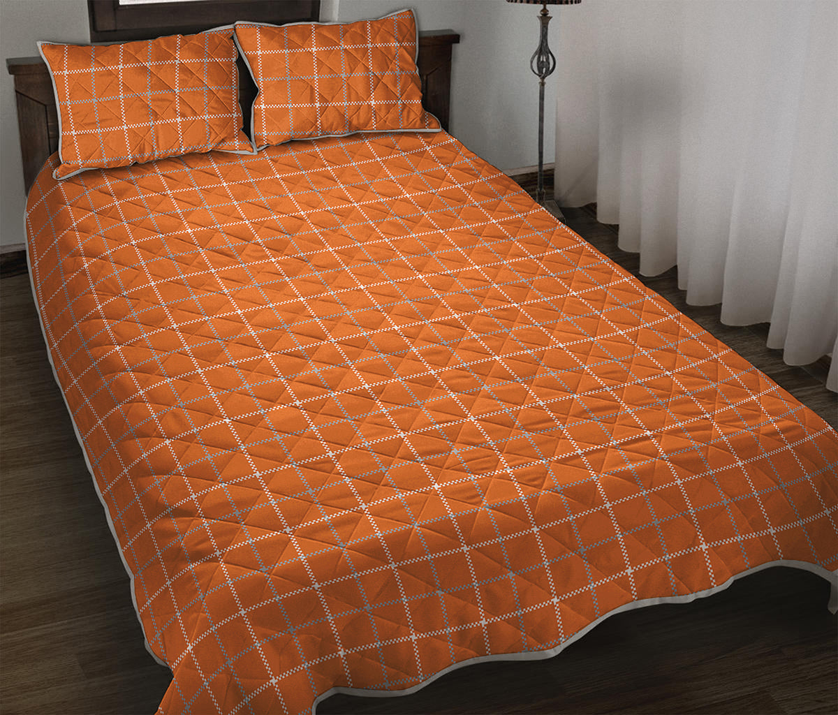 Orange Tattersall Pattern Print Quilt Bed Set