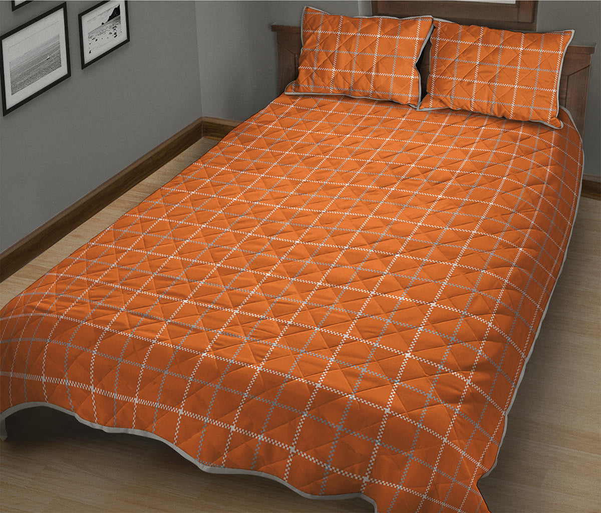 Orange Tattersall Pattern Print Quilt Bed Set