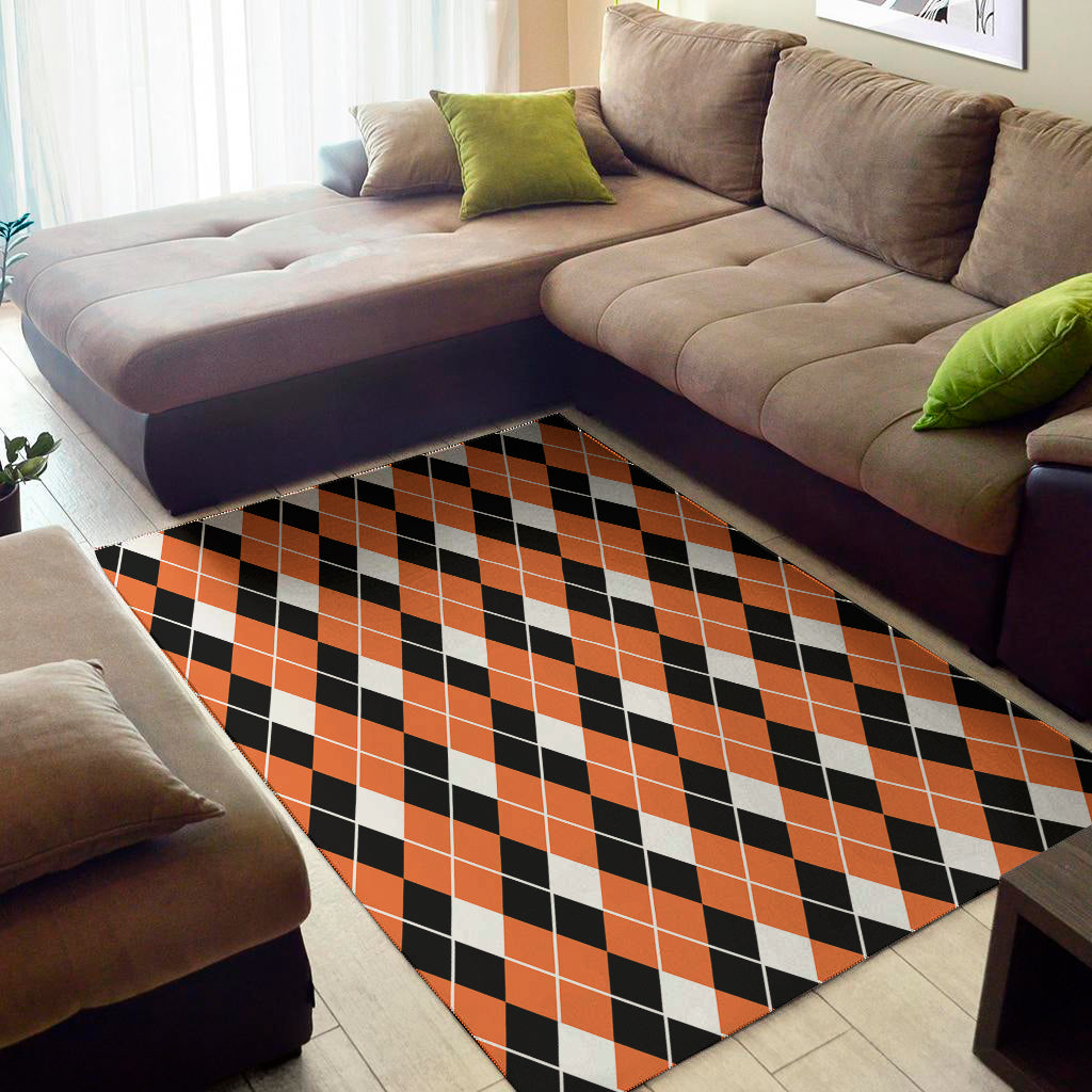 Orange White And Black Argyle Print Area Rug