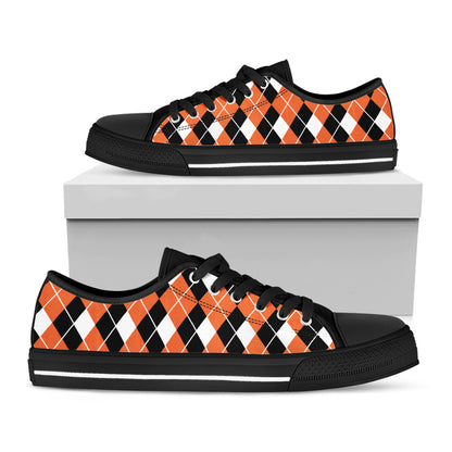 Orange White And Black Argyle Print Black Low Top Shoes