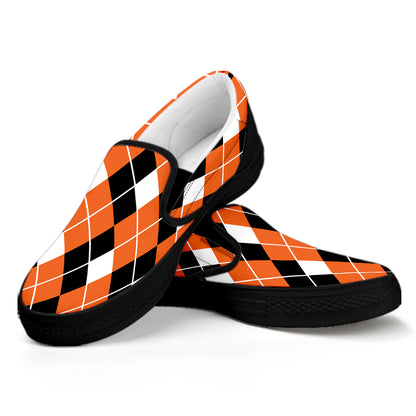 Orange White And Black Argyle Print Black Slip On Shoes