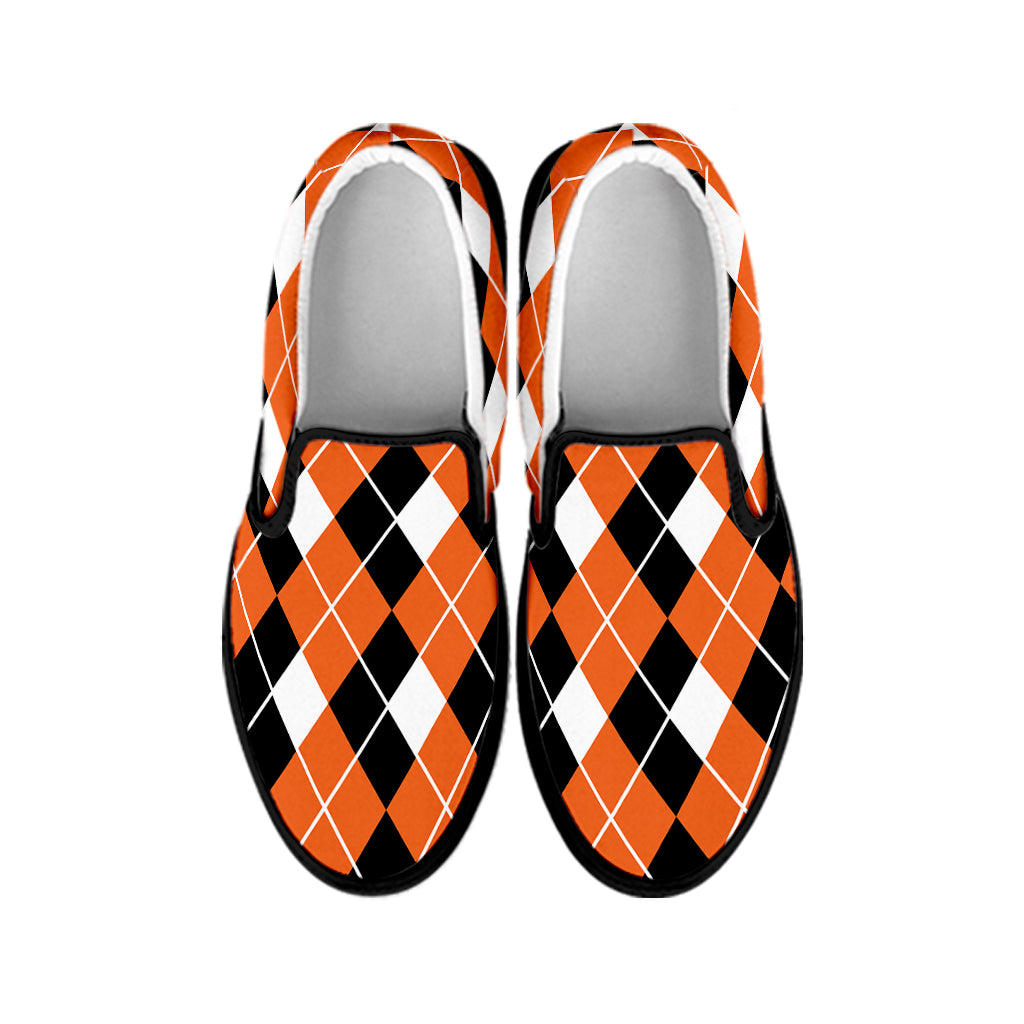 Orange White And Black Argyle Print Black Slip On Shoes