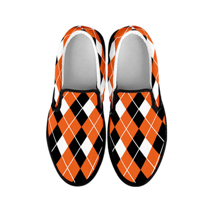 Orange White And Black Argyle Print Black Slip On Shoes
