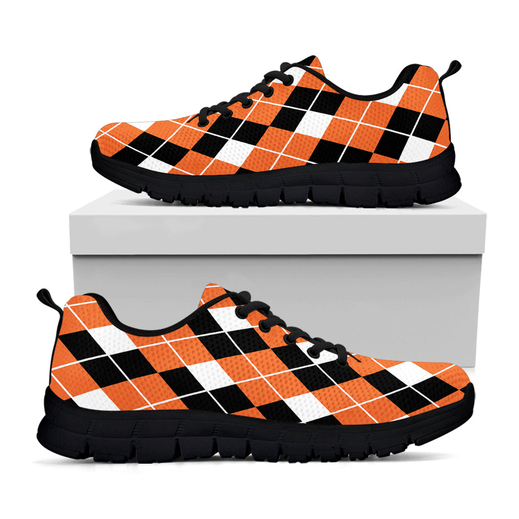 Orange White And Black Argyle Print Black Sneakers