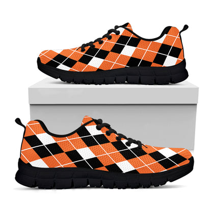 Orange White And Black Argyle Print Black Sneakers