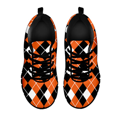 Orange White And Black Argyle Print Black Sneakers