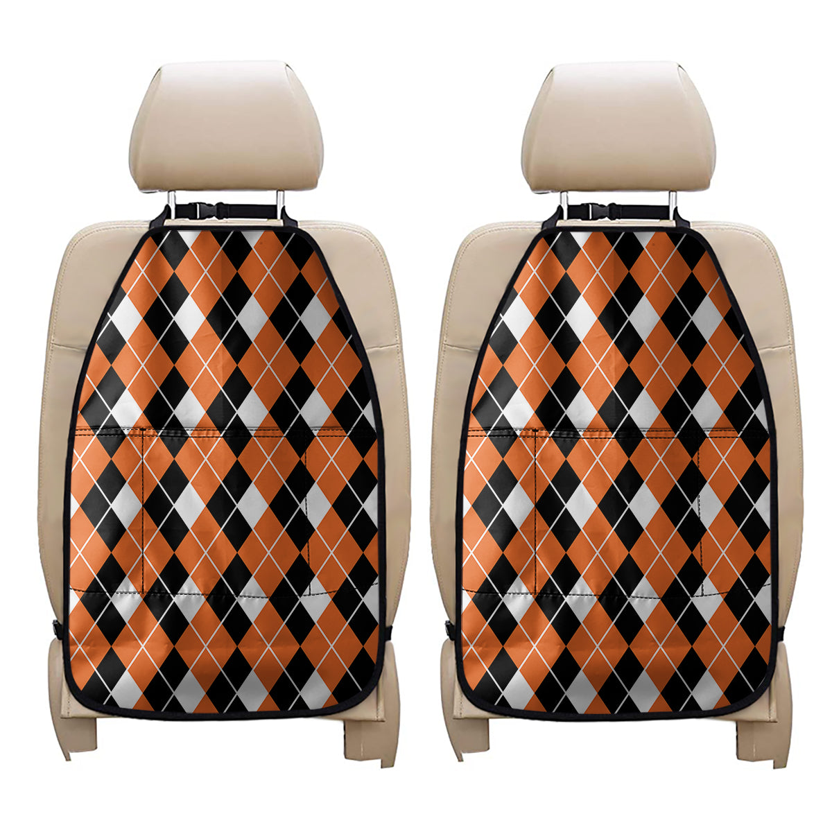 Orange White And Black Argyle Print Car Seat Organizers