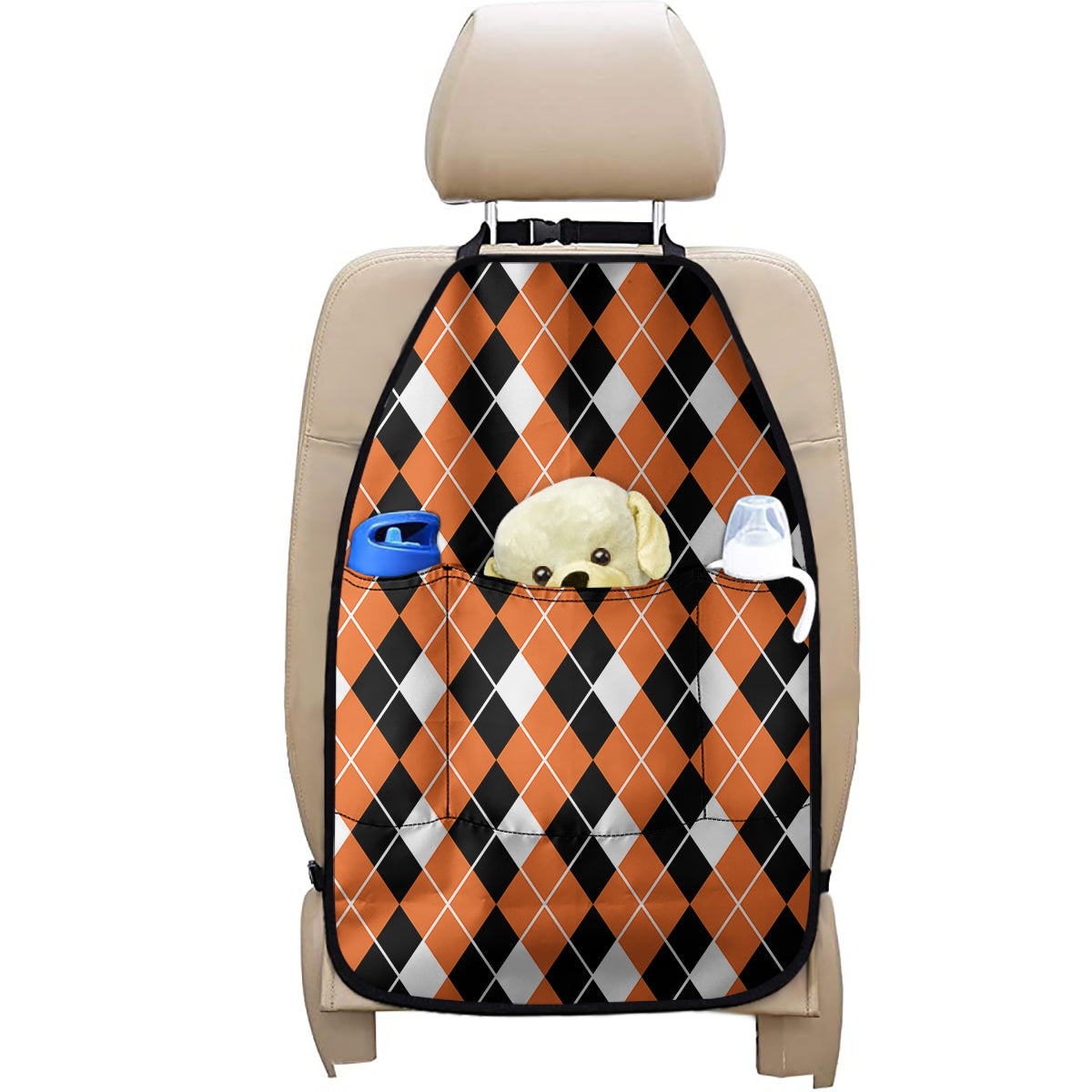 Orange White And Black Argyle Print Car Seat Organizers